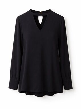 Chico’s Size 1 Black Tunic Blouse V-Neck Keyhole Back Long Sleeve Top